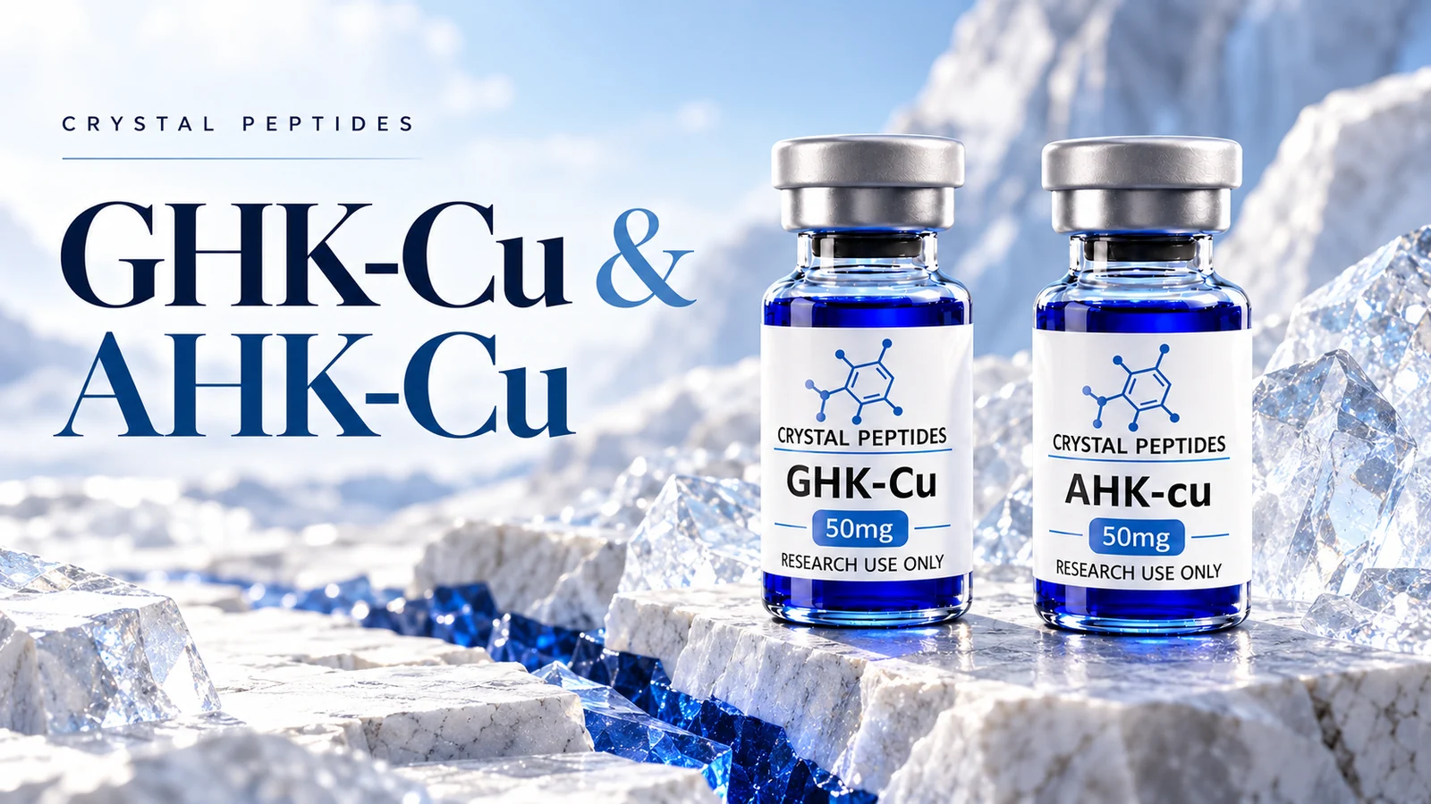 Szerkesztőségi termékillusztráció: GHK-Cu / AHK-Cu — Crystal Peptides.