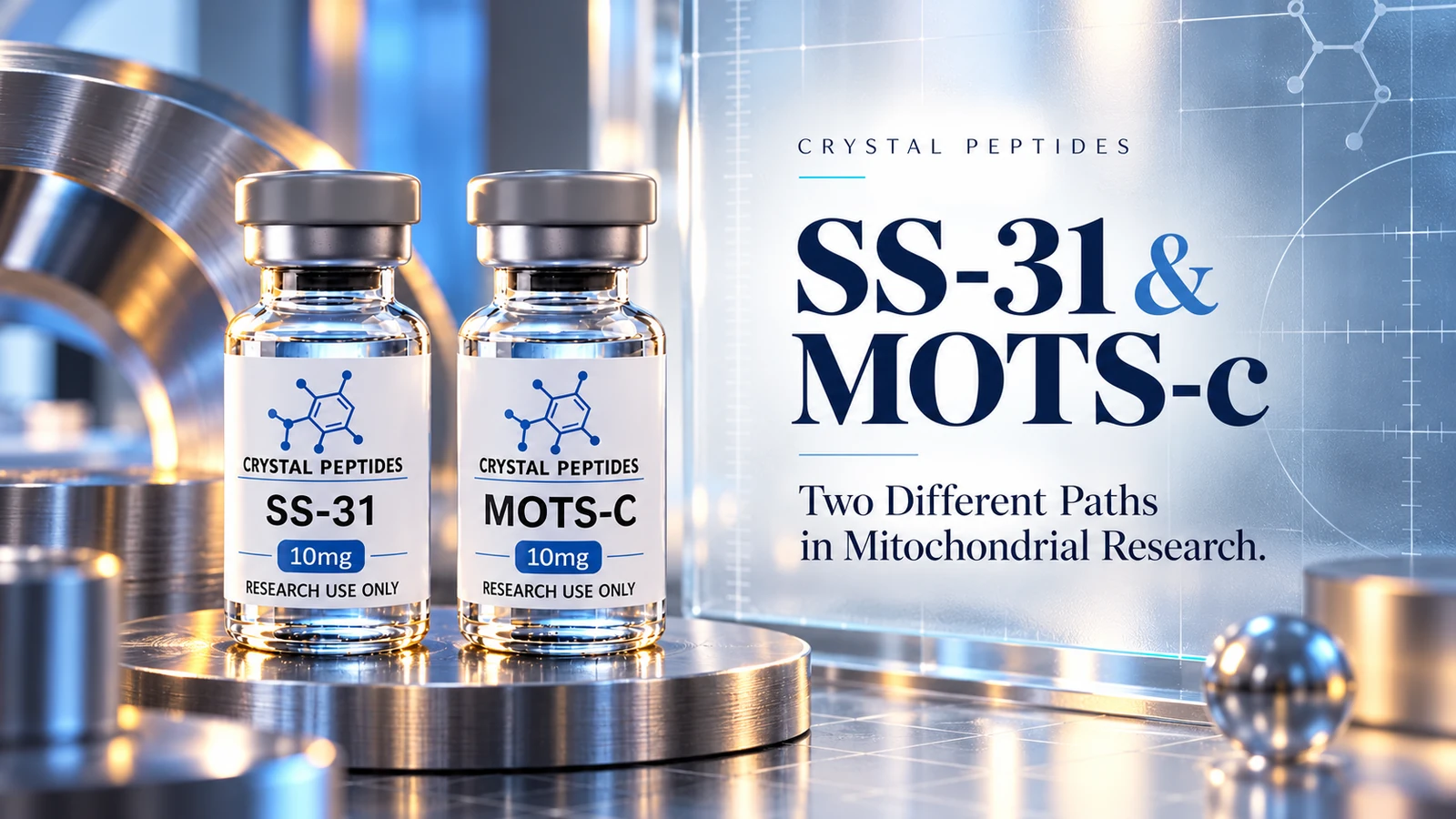Szerkesztőségi termékillusztráció: SS-31 / MOTS-c — Crystal Peptides.