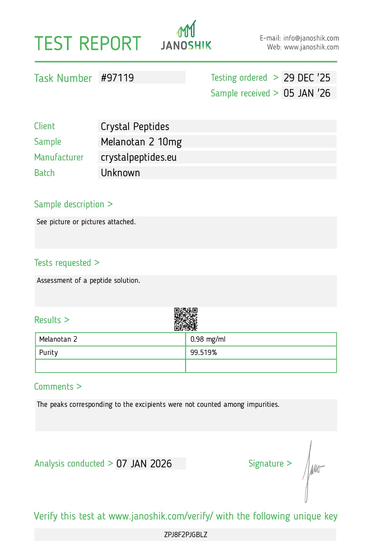 MT-2 (10 mg/10 ml) Tisztaság és azonosság Laboratóriumi teszt